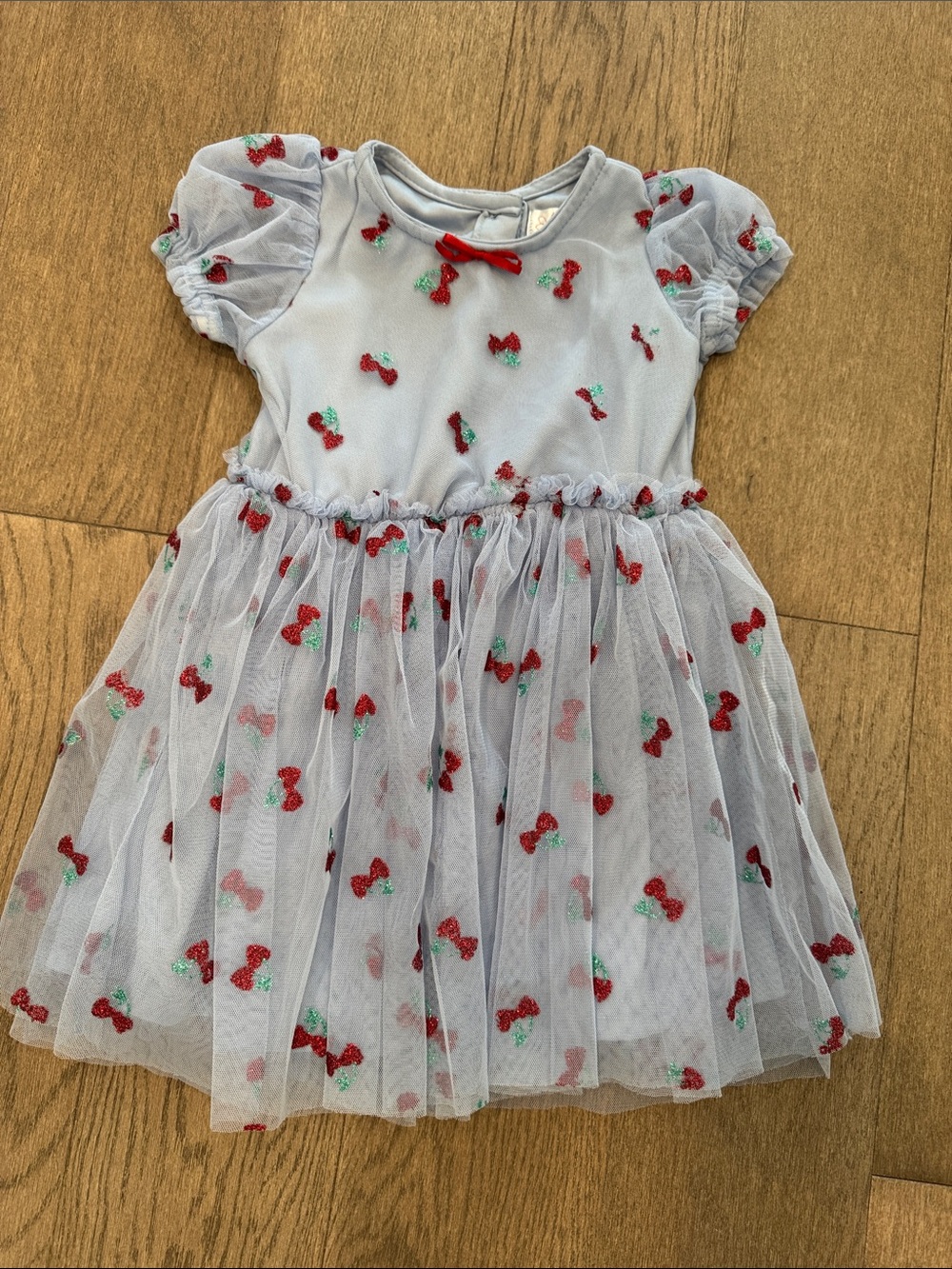 Nannette Blue‎ Cherry Sequin Mesh Girls Toddler Dress 3T Puff Sleeve Round Neck